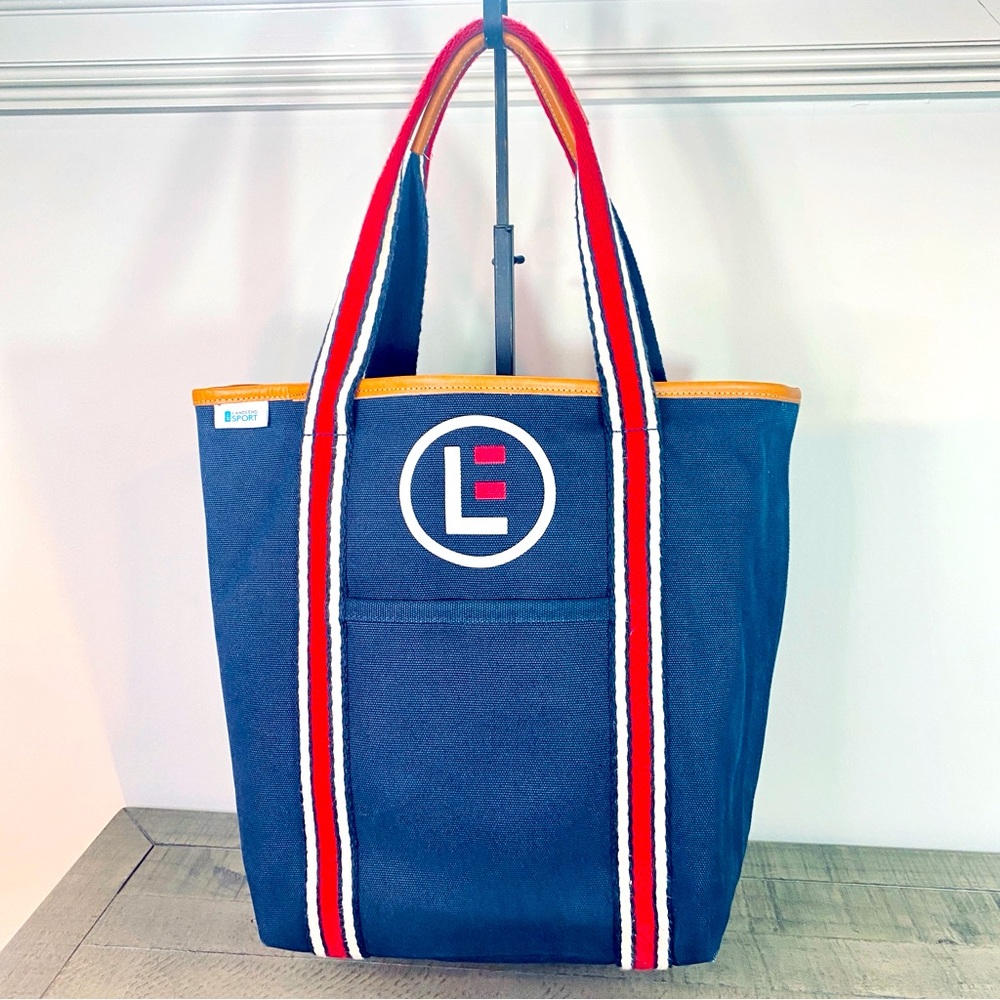 Lands End Sport Tall Medium Open Top Canvas Boat Tote Bag Blue Red Tan Leather